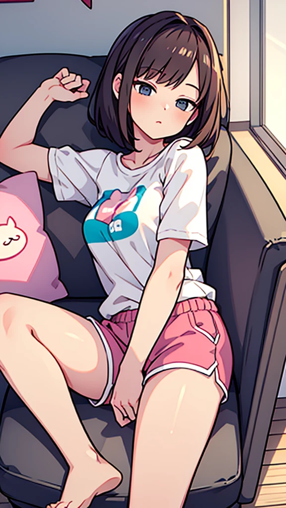 Sleeping on a grey sofa　barefoot　Pink shorts　White T-shirt　woman　Bob Hair　high resolution