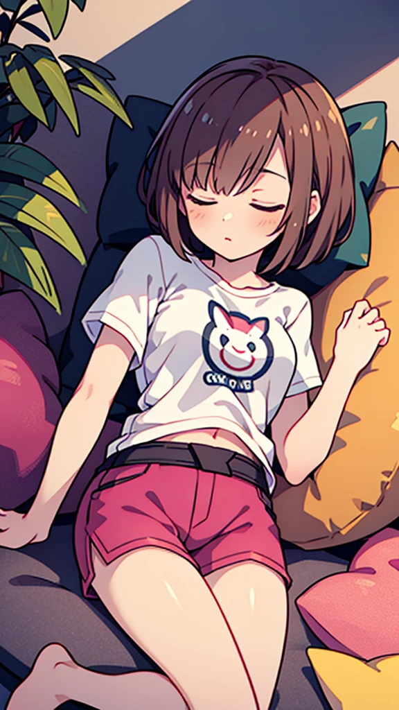 Sleeping on a grey sofa　barefoot　Pink shorts　White T-shirt　woman　Bob Hair　high resolution