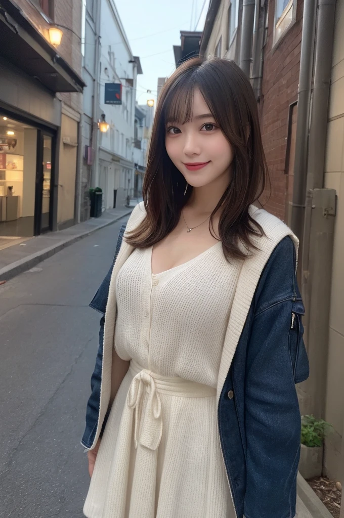 Selfie、Jacket、Wear warm clothes、Standing、night、Alley、Very short hair、Berry Shortcut、Highest quality, figure, Super detailed, In detail, High resolution, 8k wallpaper, Perfect dynamic composition, Beautiful attention to detail, dress,Medium Hair, Small breasts、Natural color lip, Random sexy poses,smile,24-years-old
