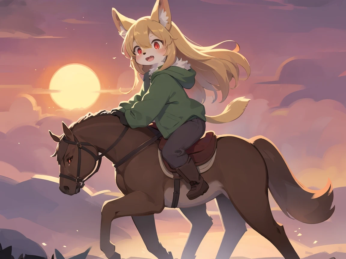  the fox, , was hairy, shaggy, skin fur, smooth lashes, golden fur, forelimb hands, straight long blonde hair, solid circle eyes, golden ears, golden fur, golden facial fur, shiny hair, red eyes, super cute face, 1fox tail, fluffy tail, furry tail, glowing eyes, green coat green hood down, brown trousers, riding unsaddled horse, open mouth, embarrassed, ambient light, ultra-fine fur, dashed eyes, full body, masterpiece, high quality, high-details, best quality, from front, (((solo))), twilight, sun light, red sky, rim light