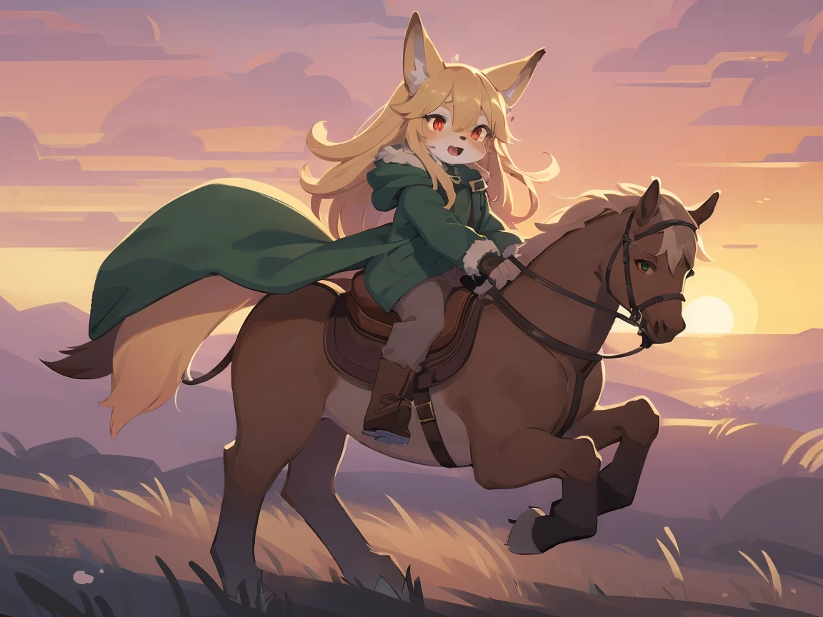  the fox, , was hairy, shaggy, skin fur, smooth lashes, golden fur, forelimb hands, straight long blonde hair, solid circle eyes, golden ears, golden fur, golden facial fur, shiny hair, red eyes, super cute face, 1fox tail, fluffy tail, furry tail, glowing eyes, green coat green hood down, brown trousers, riding unsaddled horse, open mouth, embarrassed, ambient light, ultra-fine fur, dashed eyes, full body, masterpiece, high quality, high-details, best quality, from front, (((solo))), twilight, sun light, red sky, rim light