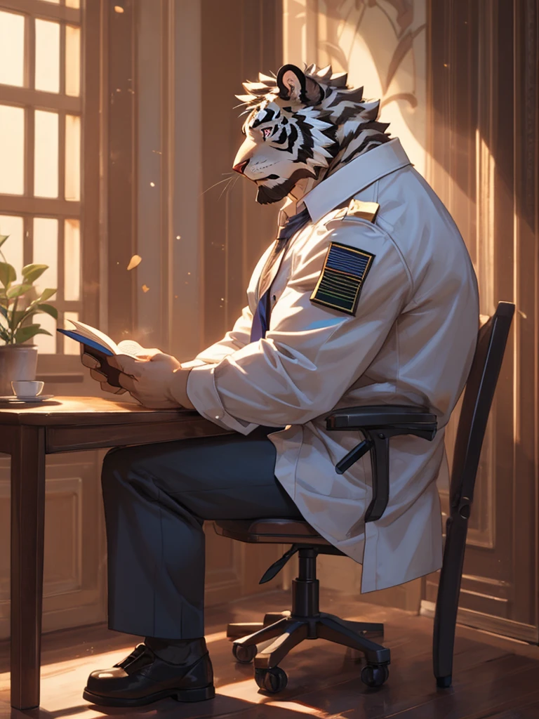 {{bara extremely handsome white tiger,}} {{white fur,}} white, wearing military like purple trench coat purple trousers and white dress shirt and necktie, white fluffy furry body and limbs, loafers, very tall, very broad shoulders, narrow waist, muscular arms, massive pecs, purple eyes, very long legs, sitting cross legged on swivel chair, reading file, sophisticated smart look, full body, sunlight casting over, slight side view, best quality, high quality, silver earring on left ear, dead stare, cold expression