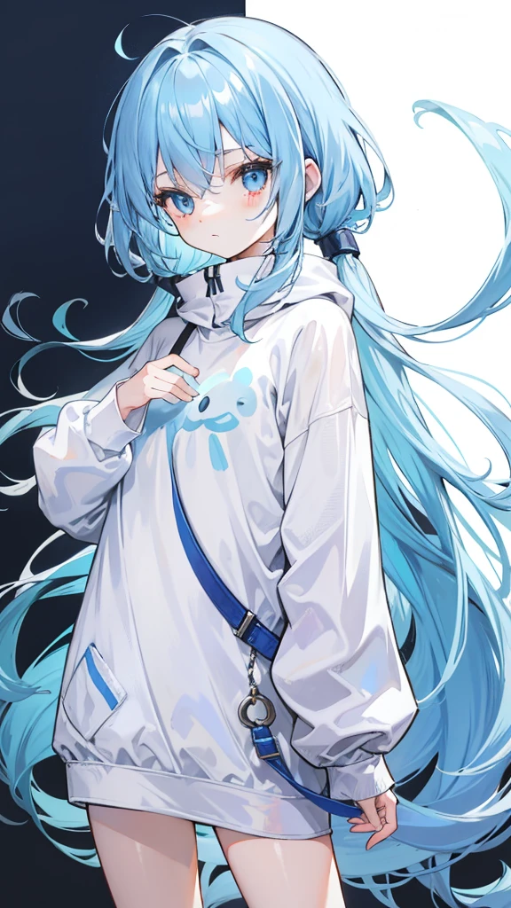 Long fleshy blue hair，Loose and simple white sweatshirt with light blue，It looks small and cute，It's a small girl