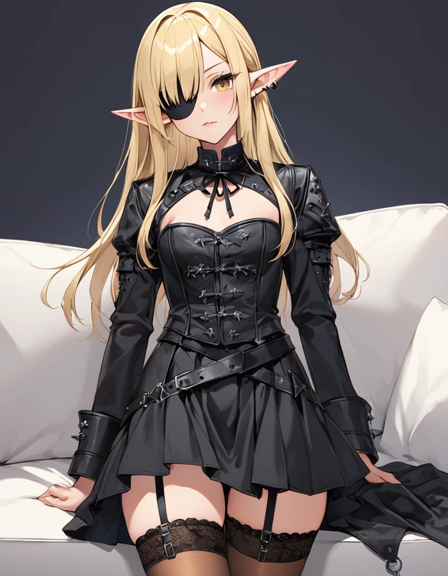 BREAK Perfect Anatomy、(High resolution:1.2)、Incredible illustrations、(Cute illustrations:1.2)、(Beautiful background)(Beautiful background,(on the couch))1gial((blonde hair,shiny hair,hair intakes:1.8,wavy long hair)(cockslut) (Black coat,Gothic combat uniform,,garter stockings,pointy ears,tan:1.7),eyepatch:1.8,) ),(a girl, 1.5meters, 40kg),,-yeld,flchest))
