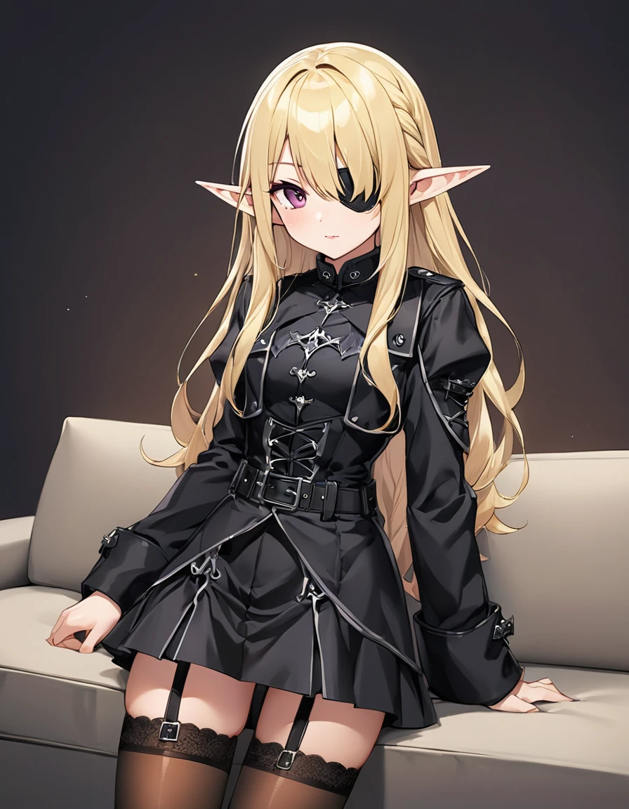 BREAK Perfect Anatomy、(High resolution:1.2)、Incredible illustrations、(Cute illustrations:1.2)、(Beautiful background)(Beautiful background,(on the couch))1gial((blonde hair,shiny hair,hair intakes:1.8,wavy long hair)(cockslut) (Black coat,Gothic combat uniform,,garter stockings,pointy ears,tan:1.7),eyepatch:1.8,) ),(a girl, 1.5meters, 40kg),,17-year-old,flat chest))