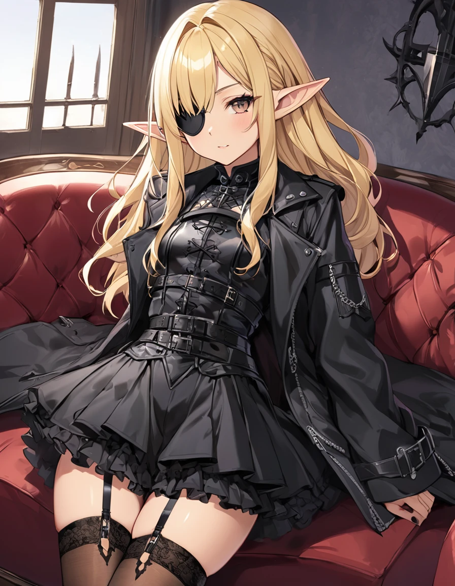 BREAK Perfect Anatomy、(High resolution:1.2)、Incredible illustrations、(Cute illustrations:1.2)、(Beautiful background)(Beautiful background,(on the couch))1gial((blonde hair,shiny hair,hair intakes:1.8,wavy long hair)(cockslut) (Black coat,Gothic combat uniform,,garter stockings,pointy ears,tan:1.7),eyepatch:1.8,) ),(a girl, 1.5meters, 40kg),,17-year-old,flat chest))