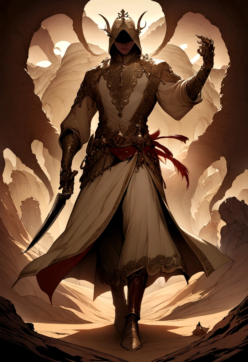 desert，Indian male full body front，The characters in the background are clear and no background blur is allowed.，High background brightness，Holding a long knife with blood in hand，in a panoramic view，