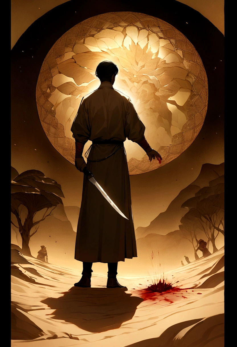 desert，Indian male full body front，The characters in the background are clear and no background blur is allowed.，High background brightness，Holding a long knife with blood in hand，in a panoramic view，