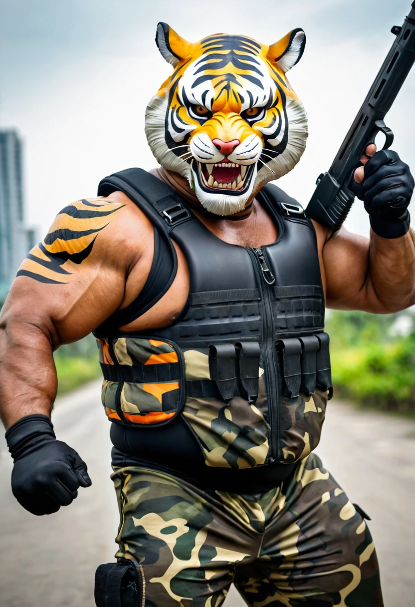 (a dark-skinned fat muscular old man in a bulky camouflage zipper diver suit) carrying a gun and (wearing realistic roaring siberian tiger mask), thumbs up, muscular, Basuki Abdullah, sumatraism, action, a character portrait, heroic, fierce, snarling
