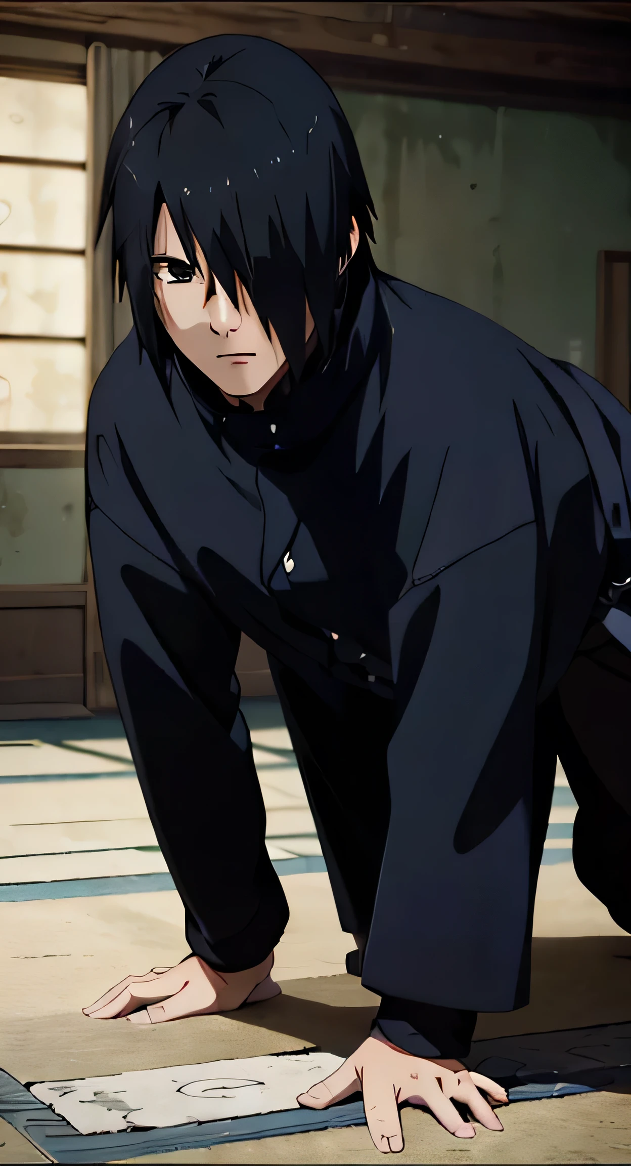 masterpiece, One Man, Great style, sasuke uchiha, indoor, Upper Body, sasuke uchiha, closed eye, Black Hair, Cool guy,On all fours,30years old
