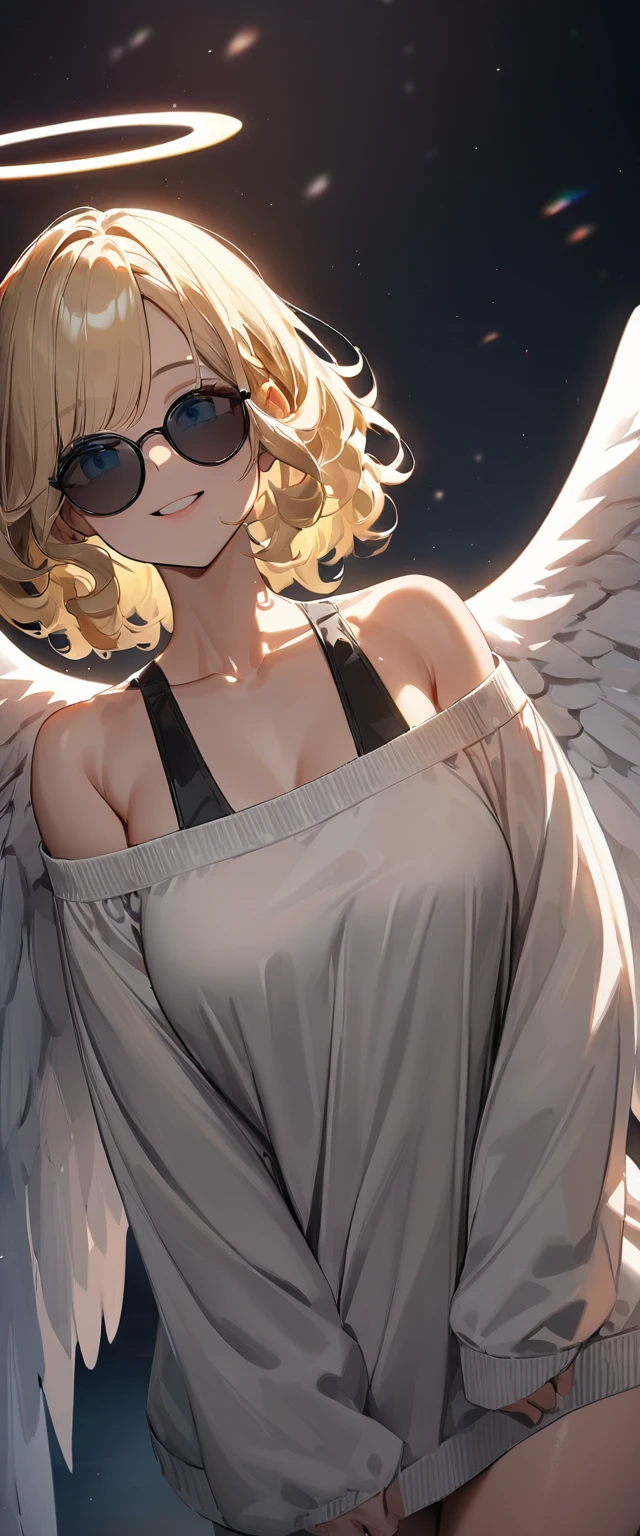 (((One girl))), (((cowboy shot))), ((flying)), ((sunglasses, hand to sunglasses)), ((angel, big big white wings:1.2, halo:1.3)), Uriel, ((wavy hair, outward curled hair)), evening, Sunset, ((blond hair, bob cut:1.3)), big breasts, teenager, (looking at viewer), oversized clothes, puffy long sleeves, collarbone, ((off-shoulder sweater dress:1.3, Quite thick shoulder straps)), (((sleeves past wrists:1.3))), ((white sweater)), collarbone, head tilt:1.3, (((blue eye))), ((happy smile)), (((anime style))), (best quality, 4K, 8K, highres, masterpiece:1.2, ultra-detailed, ultra-detailed eyes, HDR, uhd, studio lighting, ultra-fine painting, sharp focus, physically-based rendering, extreme detail description, professional, vivid colors, bokeh), ((Highest quality, Best image quality, Ultra-high resolution, Ultra-high resolution, solo, Strong eye highlights)), Depth of written boundary, Natural soft light, attractive, Beautiful Face, Cleanliness, Pure Face, medium chest, Beautiful Face, Perfect Fingers, Perfect hands, Perfect body, Perfect Face, Shine a light into your eyes, Perfect Anatomy