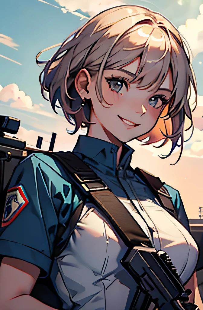 Girl in combat uniform,summer,Short sleeve,Ready your gun?,smile,8K, Highest quality, masterpiece