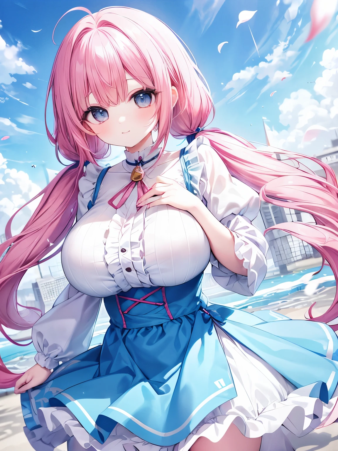 Best Quality,Beautiful Eyes,Very cute face,Beautiful Anime Girl,(Solo Girl),(gigantic breasts:1.4),(large breasts:1.4),(huge breasts:1.4),(big breasts:1.4),(mega breasts:1.4),(Pink hair),(low twintails:1.4),(Light blue eyes),Very happy smile,BREAK,(White smock blouse,Frills,Long bell sleeves,白のFrillsロングスカート:1.2),Flower Field,petals dancing in the wind,blue sky,Cowboy Shot,(Open your arms,Dynamic Pose,Dynamic Angle,Angle from below)