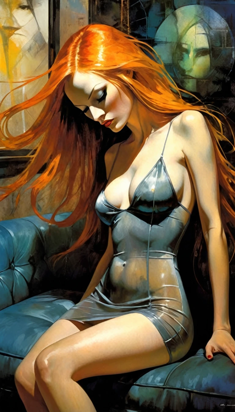 The sexy and dark art of seduction, elegant, long orange hair, grey transparent nightgown, medium breasts, on a sofa, very sexy and erotic, dim light (art inspired by Bill Sienkiewicz). oil painting) (best quality, 4k, 8k, high resolution, masterpiece: 1.2), ultra-detailed, (realistic, photorealistic, photorealistic: 1.37), intricate details, vivid colors, sharp focus, professional, artwork by Dave McKean , oil touch of surrealism, oil painting style
