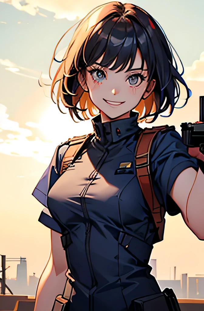 Girl in combat uniform,summer,Short sleeve,Ready your gun?,smile,8K, Highest quality, masterpiece