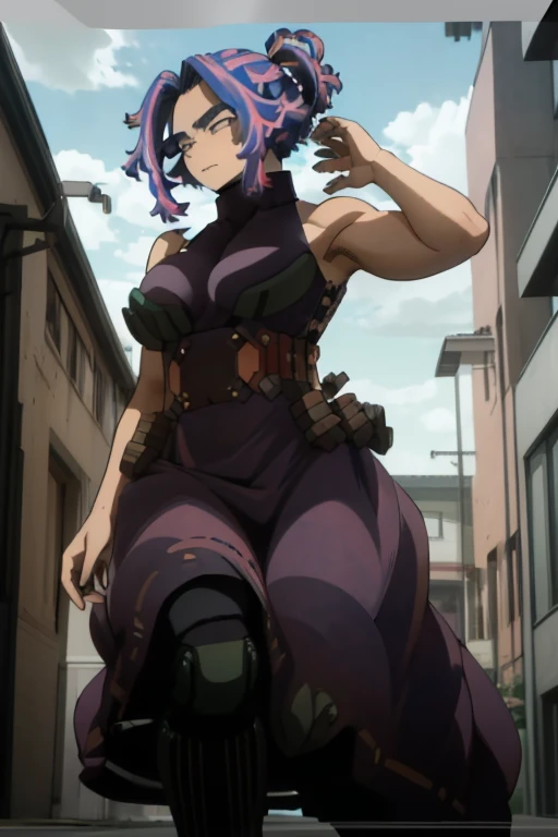 (1woman),(alone),**Lady Nagant**,(My Hero Academia),My Hero Academia,Kaina Tatsumi, Full body portrait from top to bottom:1.5),is a tall, slender woman with long, purple hair that falls to her waist. His eyes are sharp and purple in color, highlighting his determined expression. She wears a dark blue hero uniform with silver accents, including light armor that covers her chest and shoulders. His arms are partially cybernetic, displaying metallic components that indicate his special abilities. She wears high boots and gloves that complement her warrior look. His gaze is intense, reflecting both his strength and his complex past.(wearing),+,(\A maid uniform with The apron is made of sheer, almost translucent black lace, which barely hides the maid's curvaceous body underneath. The front falls scandalously low, exposing the fullness of her breasts and most of her cleavage. Thin straps hold the apron in place, digging into your shoulders and drawing attention to your toned arms. Her corset is a slinky red number with built-in push-up cups that enhance her already impressive bust size. The corset has a deep V-neckline that disappears into the apron, emphasizing her ample cleavage. Thong-style laces crisscross her back, drawing attention to her narrow waist and the tantalizing hint of her ass. Her miniskirt is made from the same sheer lace as her apron, ending at mid-thigh to give a full view of her toned legs and the red garter belt wrapped around them. The garter belt supports fishnet stockings that ride up mid-thigh, adding a touch of fetish to the overall look. On her feet, she wears stiletto heels with ankle straps, enhancing her seductive and leggy appearance. Her hair is styled in loose, tousled waves, framing her face and drawing attention to her full lips, painted a bold crimson red. To complete the look, she uses a white duster as a prop, using it to tease and caress her own body in suggestive ways. The overall effect is one of unabashed, unapologetic sexuality 