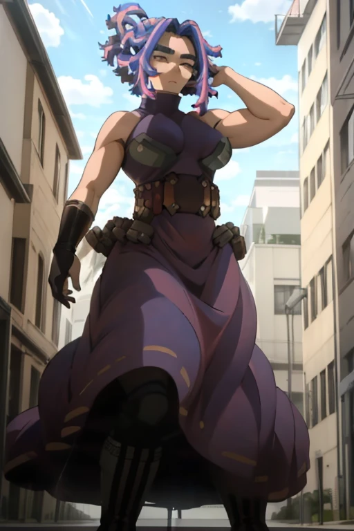 (1woman),(alone),**Lady Nagant**,(My Hero Academia),My Hero Academia,Kaina Tatsumi, Full body portrait from top to bottom:1.5),is a tall, slender woman with long, purple hair that falls to her waist. His eyes are sharp and purple in color, highlighting his determined expression. She wears a dark blue hero uniform with silver accents, including light armor that covers her chest and shoulders. His arms are partially cybernetic, displaying metallic components that indicate his special abilities. She wears high boots and gloves that complement her warrior look. His gaze is intense, reflecting both his strength and his complex past.(wearing),+,(\A maid uniform with The apron is made of sheer, almost translucent black lace, which barely hides the maid's curvaceous body underneath. The front falls scandalously low, exposing the fullness of her breasts and most of her cleavage. Thin straps hold the apron in place, digging into your shoulders and drawing attention to your toned arms. Her corset is a slinky red number with built-in push-up cups that enhance her already impressive bust size. The corset has a deep V-neckline that disappears into the apron, emphasizing her ample cleavage. Thong-style laces crisscross her back, drawing attention to her narrow waist and the tantalizing hint of her ass. Her miniskirt is made from the same sheer lace as her apron, ending at mid-thigh to give a full view of her toned legs and the red garter belt wrapped around them. The garter belt supports fishnet stockings that ride up mid-thigh, adding a touch of fetish to the overall look. On her feet, she wears stiletto heels with ankle straps, enhancing her seductive and leggy appearance. Her hair is styled in loose, tousled waves, framing her face and drawing attention to her full lips, painted a bold crimson red. To complete the look, she uses a white duster as a prop, using it to tease and caress her own body in suggestive ways. The overall effect is one of unabashed, unapologetic sexuality