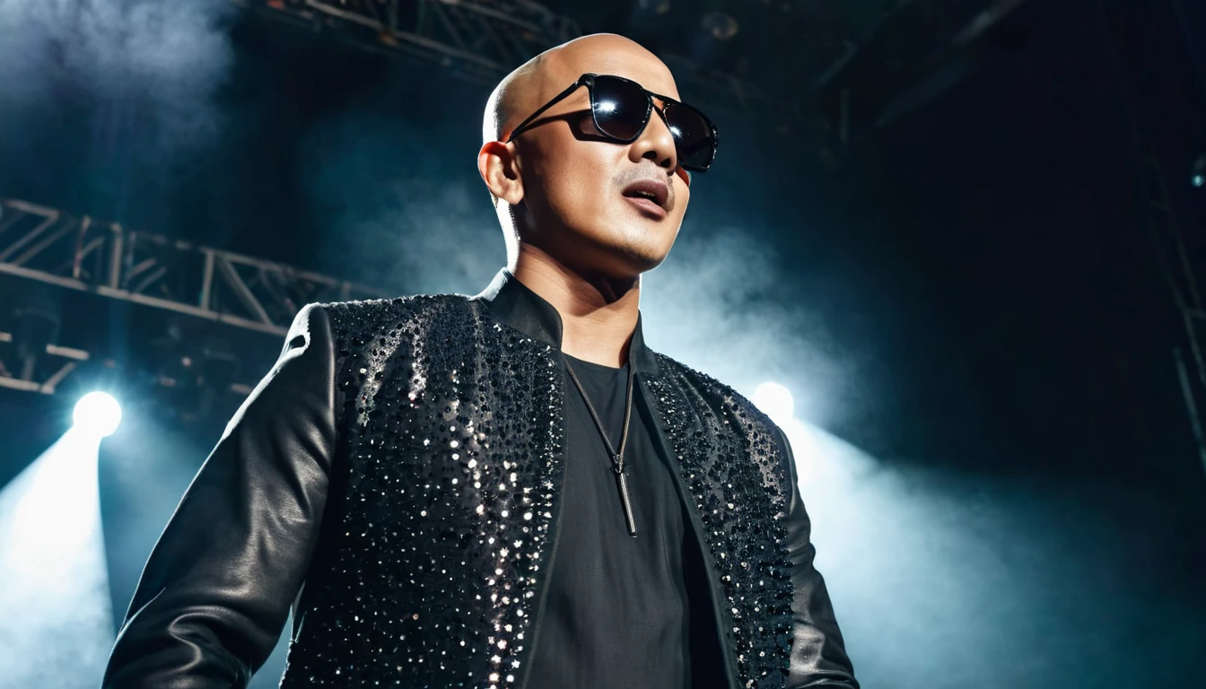a handsome male singer from Indonesia with a bald head wearing dark sunglasses, wearing artist's clothes, is performing a concert on stage. picture taken from below. realistic, cinematic, full-body, wide angle lens, 8K.
