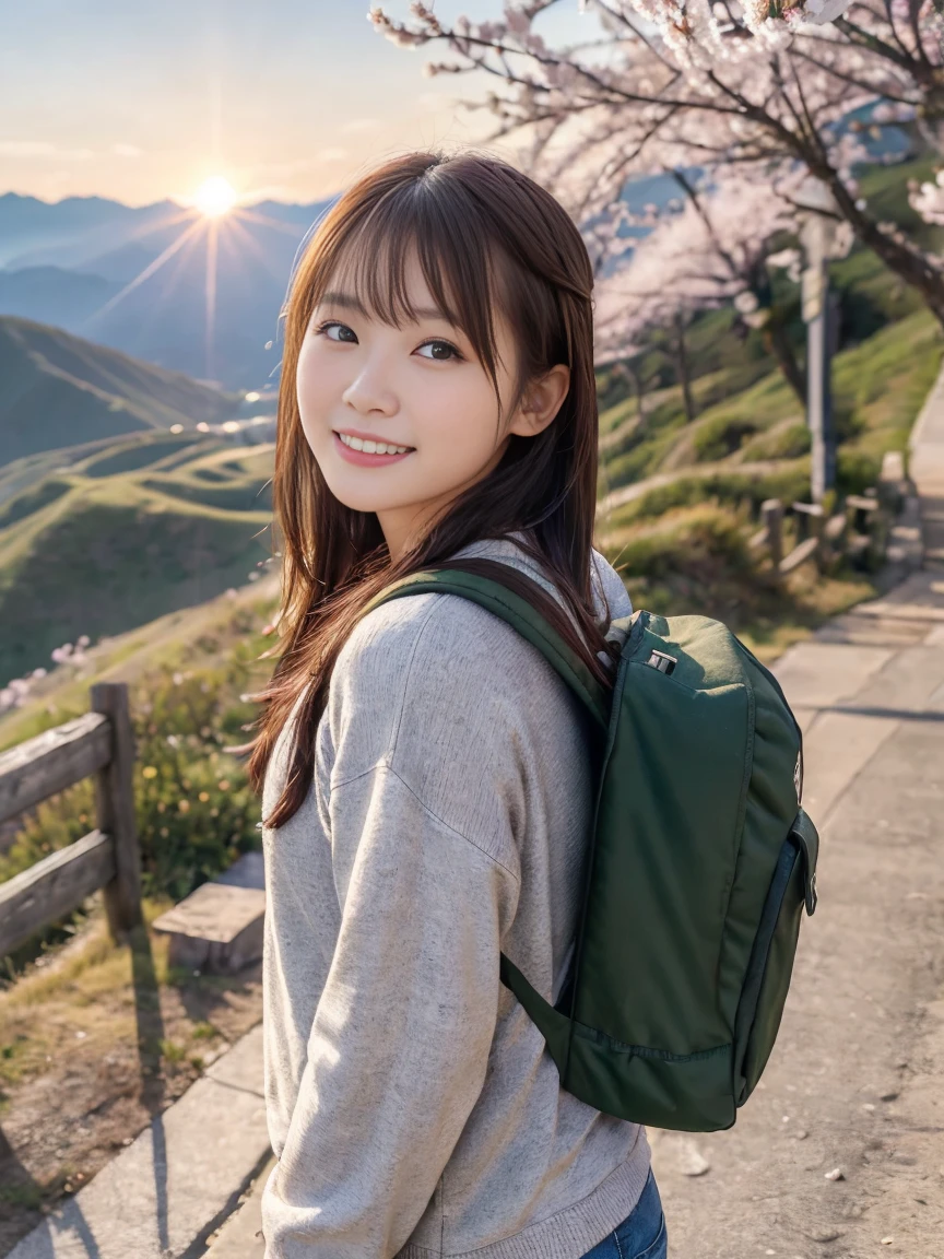 (Upper body selfie:1.3)、Spring mountain range、A beautiful backdrop of blooming cherry blossoms、Fresh Green Mountain々、Beautiful sunset、Remove the beam from above、Natural light、Generate images of beautiful women from around the world、Especially while reflecting the elements of Eastern beauty。A woman with a natural smile and attractive facial expression、Clear skin、Shining Eyes、Expresses an elegant atmosphere。alone、rucksack、Casual Cap、Fleece jacket、jeans、Hiking shoes、Light wind is blowing、Hair swaying slightly in the wind、(8K quality、Tabletop、Highest quality、Ultra-high resolution output images)、(Highly detailed RAW photos:1.3)、(Picture Mode Ultra HD)