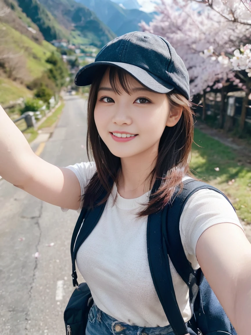 (Upper body selfie:1.3)、Spring mountain range、A beautiful backdrop of blooming cherry blossoms、Fresh Green Mountain々、Beautiful sunset、Remove the beam from above、Natural light、Generate images of beautiful women from around the world、Especially while reflecting the elements of Eastern beauty。A woman with a natural smile and attractive facial expression、Clear skin、Shining Eyes、Expresses an elegant atmosphere。alone、rucksack、Casual Cap、Fleece jacket、jeans、Hiking shoes、Light wind is blowing、Hair swaying slightly in the wind、(8K quality、Tabletop、Highest quality、Ultra-high resolution output images)、(Highly detailed RAW photos:1.3)、(Picture Mode Ultra HD)