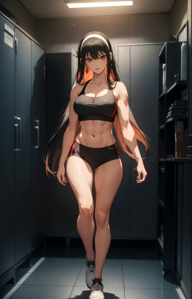 ((1girl, solo)), beautiful body, (perfect anatomy, perfect body, perfect hands, perfect legs), natural proportions, sexy body, large breasts, ((abs)), (((muscular female))), ((full body, full body front)) BREAK
((extremely detailed face)), (beautiful detailed eyes:1.6), (realistic pupils, realistic iris:1), expressive eyes, looking at viewer, (clear eyes:1.3), (hyperrealistic:1.2), (detailed skin texture:1.2), smooth skin, yor briar, (red eyes:1.5), (black hair:1.5), long hair, hairband, (white hairband:1.3), sidelocks, bangs, ((mature female)), ((little smile)), (detailed lips:1.2), (attractive lips:1.1), (glossy lips:1.1), (parted lips), perfect face, perfect eyes, earrings BREAK
((sports bra)), buruma, (ass visible through thighs), shoes, (black sportswear), black shorts, midriff BREAK
(masterpiece:1.5), anime-style, top quality, best quality, (beautiful and aesthetic:1.2), (ultra detail:1.5), Ultra-detailed depiction, Ultra-precise depiction, extremely detailed 8k illustration, high resolution, (highly detailed shading:1.2), (realistic lighting:1.4), perfect lighting, vibrant colors, dynamic tones, striking hues, 8k, absurd resolution, perfect shadows, hdr, UHD, ambient lighting, realistic, ultra-realistic, photo realistic, highly detailed, rich detail, luminous colors, fine texture, intricate design, professional illustration, (soft light:1.2), (illustration:0.7)