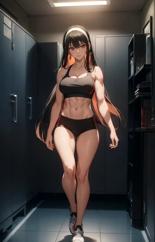 ((1girl, solo)), beautiful body, (perfect anatomy, perfect body, perfect hands, perfect legs), natural proportions, sexy body, large breasts, ((abs)), (((muscular female))), ((full body, full body front)) BREAK

((extremely detailed face)), (beautiful detailed eyes:1.6), (realistic pupils, realistic iris:1), expressive eyes, looking at viewer, (clear eyes:1.3), (hyperrealistic:1.2), (detailed skin texture:1.2), smooth skin, yor briar, (red eyes:1.5), (black hair:1.5), long hair, hairband, (white hairband:1.3), sidelocks, bangs, ((mature female)), ((little smile)), (detailed lips:1.2), (attractive lips:1.1), (glossy lips:1.1), (parted lips), perfect face, perfect eyes, earrings BREAK

((sports bra)), buruma, (ass visible through thighs), shoes, (black sportswear), black shorts, midriff BREAK

(masterpiece:1.5), anime-style, top quality, best quality, (beautiful and aesthetic:1.2), (ultra detail:1.5), Ultra-detailed depiction, Ultra-precise depiction, extremely detailed 8k illustration, high resolution, (highly detailed shading:1.2), (realistic lighting:1.4), perfect lighting, vibrant colors, dynamic tones, striking hues, 8k, absurd resolution, perfect shadows, hdr, UHD, ambient lighting, realistic, ultra-realistic, photo realistic, highly detailed, rich detail, luminous colors, fine texture, intricate design, professional illustration, (soft light:1.2), (illustration:0.7)