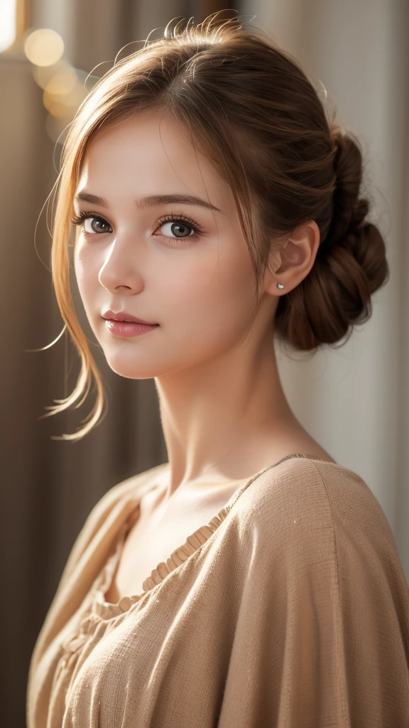 Highest quality, , Soft Light, Ultra-high resolution, (Realistic:1.4), RAW Photos, 1 Swedish girl, alone, Or a small face,Baby Face、 Sexy pose、(A shy smile:0.5), (Brown eyes, Light in your eyes), Beautiful face in every detail, (whole photo),(Updo),Swedish Dress(See-through)
