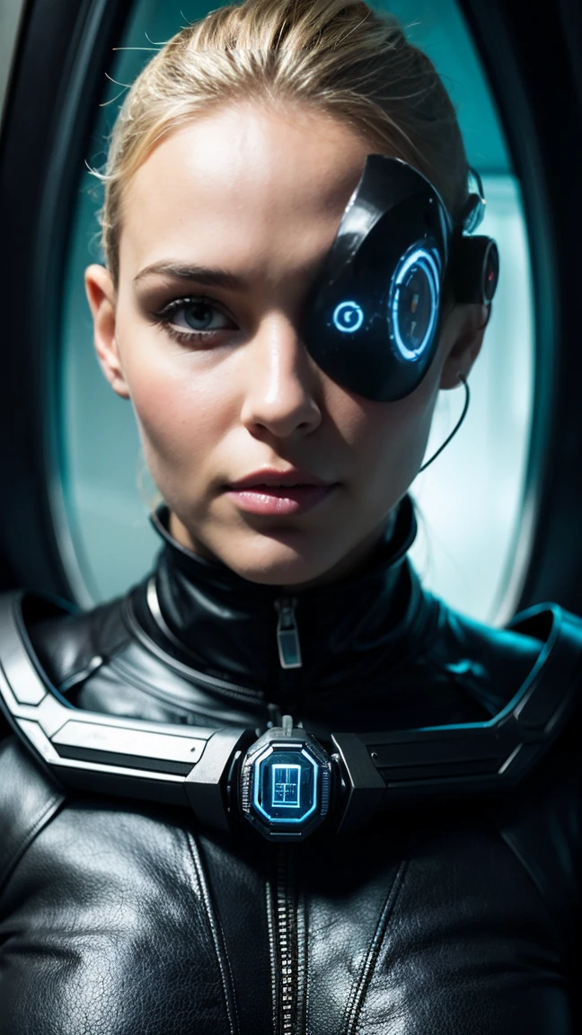 Envision a surreal portrait where a famous historical figure is depicted as a futuristic cyborg, blending elements of their iconic look with advanced technology. They are surrounded by hints of their most significant achievements, but the environment is an alien landscape. Describe the scene in detail, ensuring there are enough subtle clues for viewers to guess who it is."