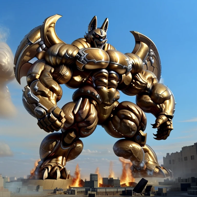 (situation 1 : dominating Shiny_Mega_Lucario. Shiny_Mega_Lucario is over 1000 meters long. focus GIANT mechanical Muscular Shiny_Mega_Lucario is trampling the city. Looking down. macro. stomp. Low-angle perspective. emphasizing the immense size.)

(situation 2 :smoke and flames rising from the destruction in the city)

(Additional details 1: wearing a full-face helmet. golden armor. garo. high-tech bio-mecha armor. real texture material. whole body shines like metal. Wearing cyberpunk mecha. emphasizes the muscles. suit fully made of metal. suit fully made of metal. cyborg.).

(Additional details 2: (Detailed head. Detailed Body. Detailed abs. gigantic muscles. HYPER MUSCLES. Gigachad Muscular. big muscle. pecs. triceps. traps. unusually developed muscular body. body full of huge muscles. showing off muscles. pectorales enormes. Exaggeratedly huge muscles. huge muscles. long legs.).

(Additional details 3: Spread wings. It has wings. have big wings. The claws are sharp. Sharp teeth).