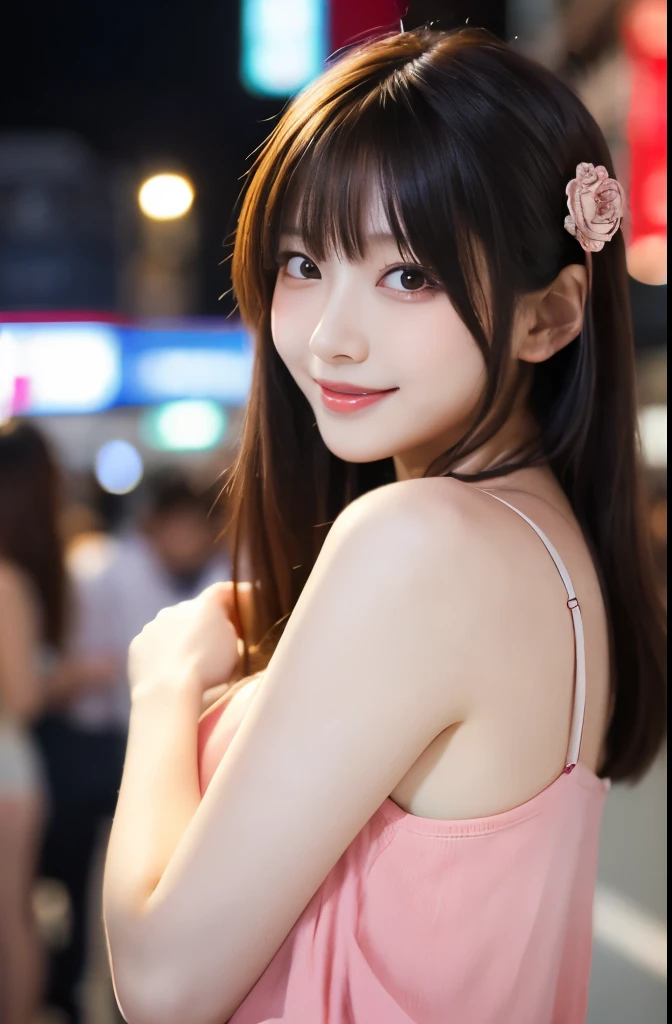 (masterpiece:1.2,Highest quality),Blur the background,1 female college student,((Cute casual clothes)),((Gravure pose)),((Beautiful Eyes)),Blushed,Healthy Skin,(smile),(Date in Shinjuku),8K resolution