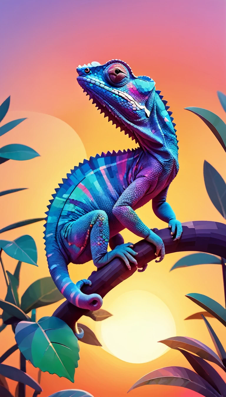 Chameleon silhouette design, Sunset Design, 3D vector art, Cute and quirky, Bright Bold Colorful., Watercolor effect, , Digital Painting, Low Poly, Bird&#39;s Eye View, Isometric style, Focused on the characters, 4K resolution, Photorealistic Rendering, Using Cinema 4d,surface side
