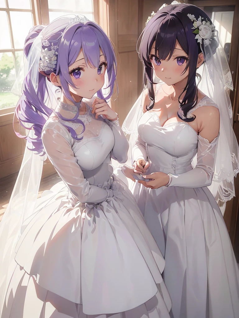Masterpiece,1. Girl Girl，1 boy(Expressionless and grey haired），（Look at each other），（Delicate face），Super detailed, (Finely drawn hand), (Best Quality)，（（Masterpiece）） wedding princess dress，Lens Flare Glow，bright purple hair girl，Purple Eye，，Pure surface，Good looking face，Like the whole body，Look at each other affectionately，Flowing Wedding Dresses，Spirea。Smile,Stand Face to Face，White Wedding Dress，Look at each other，Look at each other，Stylish Wedding Dresses，Tuxedo，Leather shoes，Fascinating,White business suit， (Anime Style:1.6)