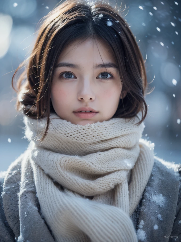 (8k, best quality, masterpiece, ultra highres:1.2) Photo of Pretty Japanese woman
 in the (style of paul rubens and rebecca guay:1.1) (melancholy winter snow:1.4)