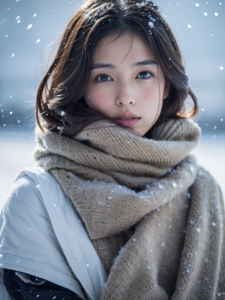 (8k, best quality, masterpiece, ultra highres:1.2) Photo of Pretty Japanese woman
 in the (style of paul rubens and rebecca guay:1.1) (melancholy winter snow:1.4)