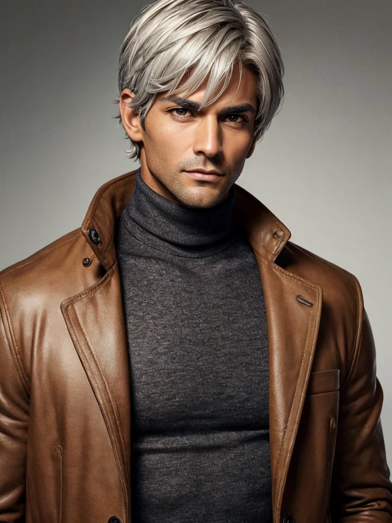 (best quality), 1boy, mature man, 34 years old, tanned skin, silver hair, short hair, hair loosely combed back, brown eyes, perfect eyes, muscular, handsome, small waist, strong jawline, cold expression, black turtleneck, coat jacket, fully clothed, clean face, masterpiece, anatomically correct, highres