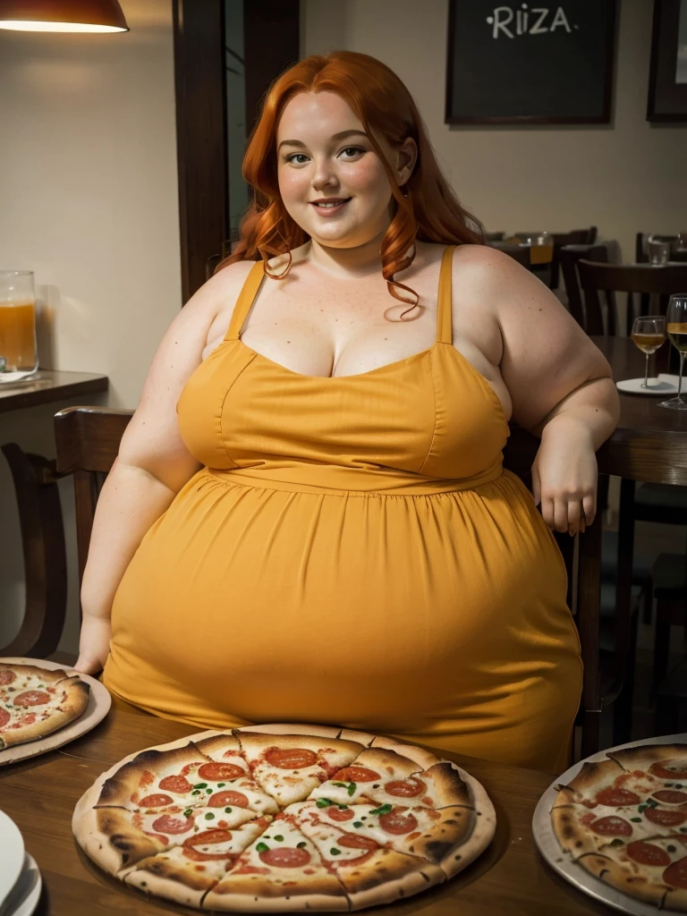 A happy and detailed photo of a cute ginger freckled SSBBW, with long wavy ginger hair, with big soft fat belly, small saggy breasts in a cute orange dress, sitting at a table in a beautiful authentic italian restaurant at night, there is a huge family-sized pizza ahead of her, she is sitting on a chair behind a small table and one huge pizza