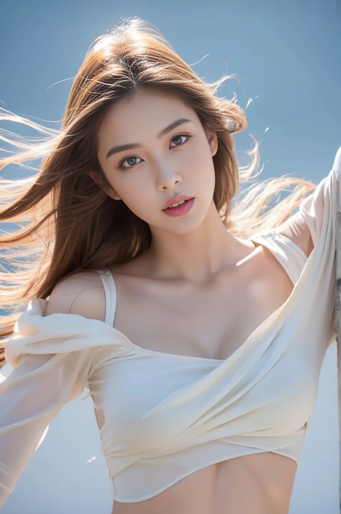 Pure white space、Beautiful woman、Large Bust、Like a movie、Artistic、Dynamic pose