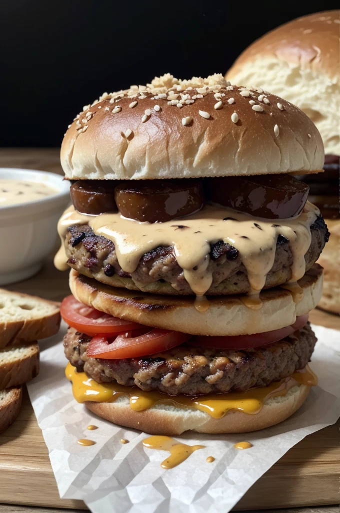 A gourmet burger with artisan bread, a juicy grilled beef patty, a generous slice of melted coalho cheese, and a layer of creamy Nutella, arranged appetizingly.