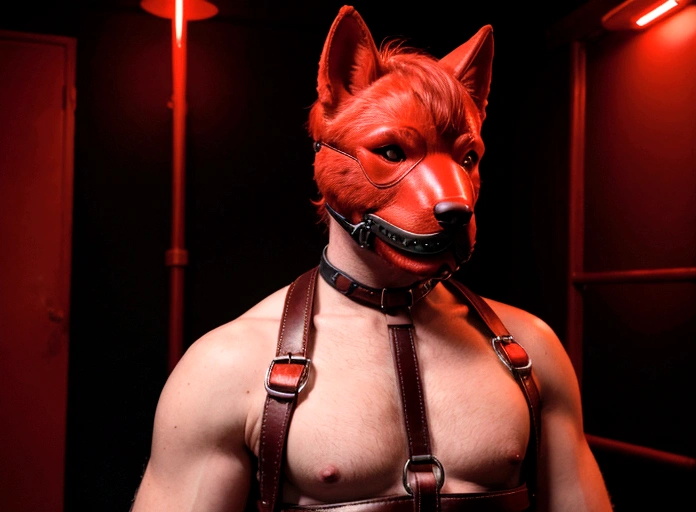 white man with red hair, he is wearing a leather dog mask and black leather harness, he is naked, BDSM environment red lights