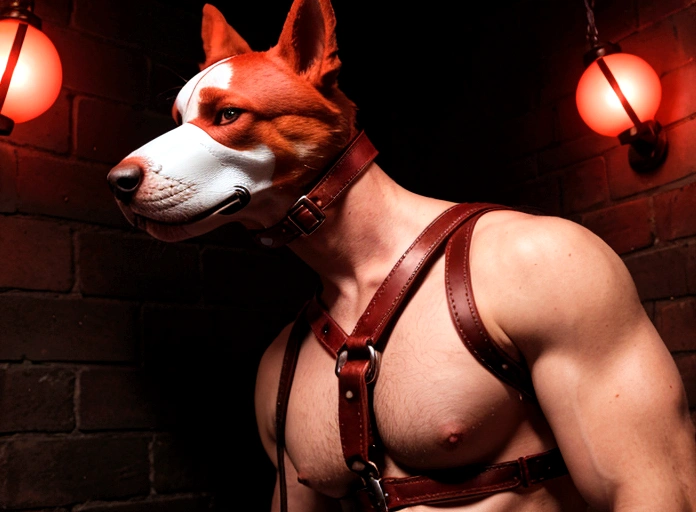 white man with red hair, he is wearing a leather dog mask and black leather harness, he is naked, BDSM environment red lights