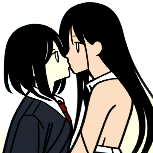 Two naked Japanese girls, who look like elementary school students, in their 20s, are kissing