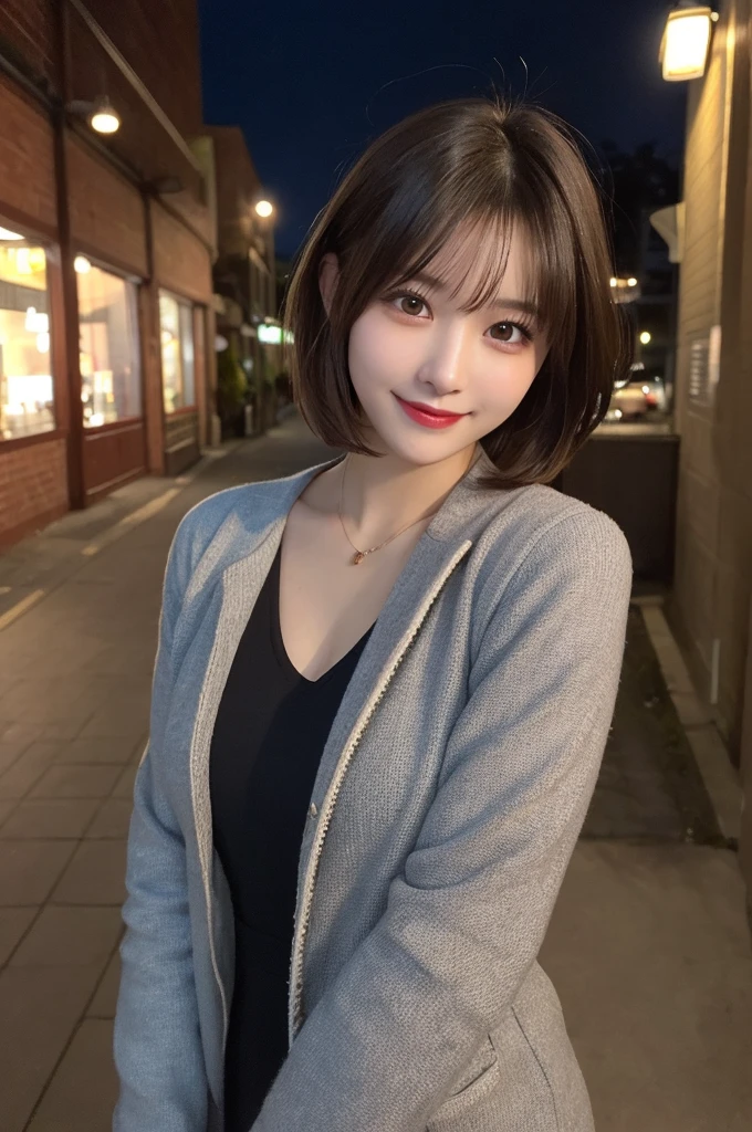 Selfie、Jacket、Wear warm clothes、Standing、night、Alley、Very short hair、Berry Shortcut、Highest quality, figure, Super detailed, In detail, High resolution, 8k wallpaper, Perfect dynamic composition, Beautiful attention to detail, dress,Medium Hair, Small breasts、Natural color lip, Random sexy poses,smile,24-years-old