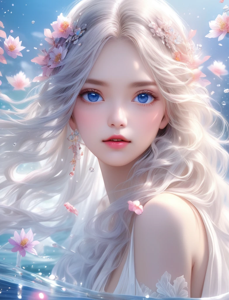 (masterpiece,Highest quality:1.5),masterpiece, Highest quality, Official Art, Very detailed CG 8K 壁紙, (Fluttering petals) (Detailed ice) , crystal texture skin, Cold look, ((Fox Ears)), Gray Hair, Long Hair, Messy Hair, blue eyes, View your viewers, Very delicate and beautiful, water, ((Detailed eye of beauty)), Very detailed, Cinema Lighting, ((Beautiful Face), fine water surface, (Original Portraits), Super detailed, Incredibly detailed, (an Very delicate and beautiful), Beautiful Eyes, Eye details, mysterious