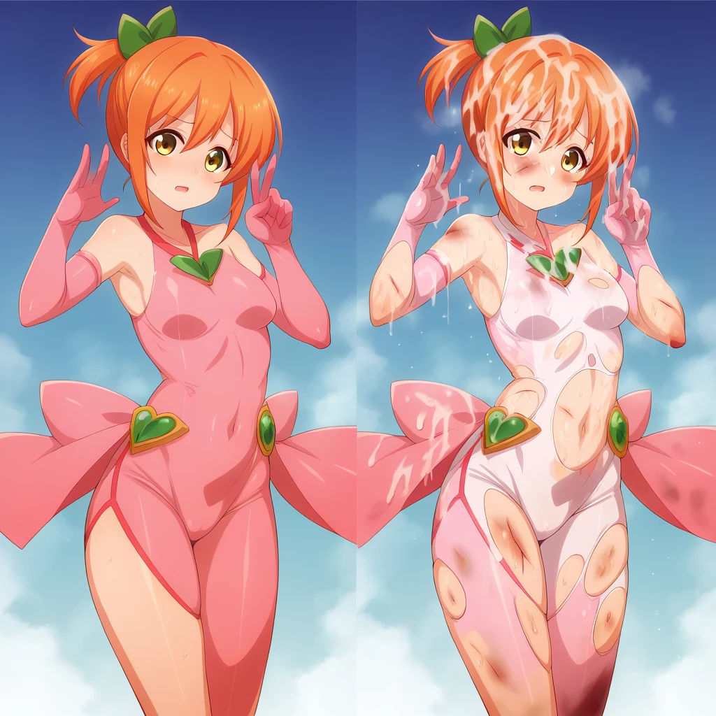 (​best quality,highres,masterpiece),solo, Hoshizora rin , orange hair, yellow eyes, (tight white and pink bodysuit:1.3) , looking at viewer,solo , sweaty, dirty, injured, halter neck, bare shoulders , side slit ,(torn clothes:1.3), victory pose, elbow gloves, magical girl ,Before and after bukkake