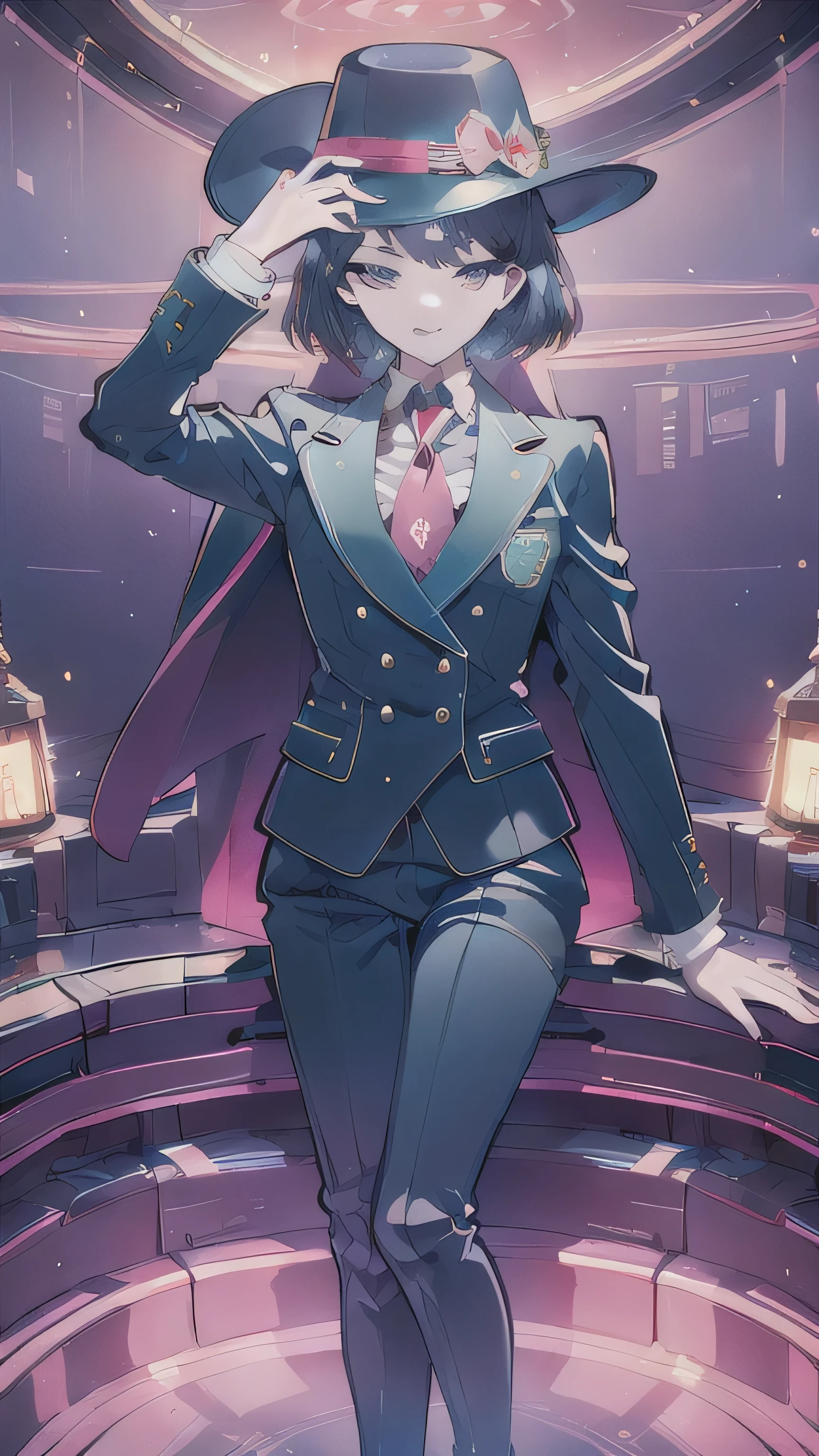 UHD, retina, masterpiece, accurate, anatomically correct, textured skin, super detail, high details, high quality, award winning, best quality, highres, surreal, dazy, gentlemanly, female, fedora, suit, demonic, wickedness, acting