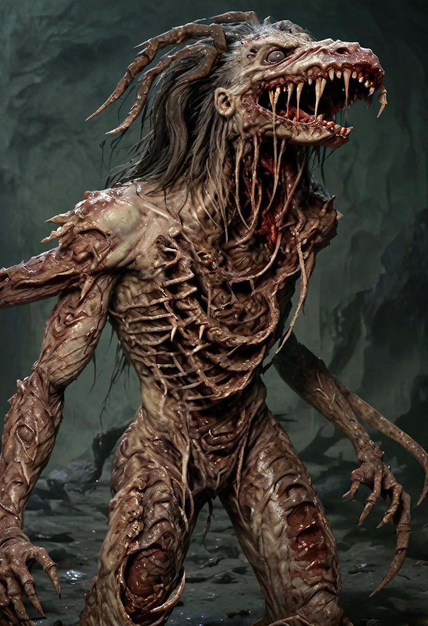 unhealthy humanoid monster. His lower body is that of a snake and his upper body is that of a man. He has a deformed face. His mouth is full of sharp teeth, he has a sadistic and cruel smile. He is one-eyed, his only eye is red, and instead of his left eye, there is a hole full of insects. He has long hair in battle. He’s wearing a torn kimono, and he’s holding a spear. [Monster] [Horror] [Scary] [Half snake half human] [Sadistic smile] [Sharp teeth] [One eyed] [Torn kimono]