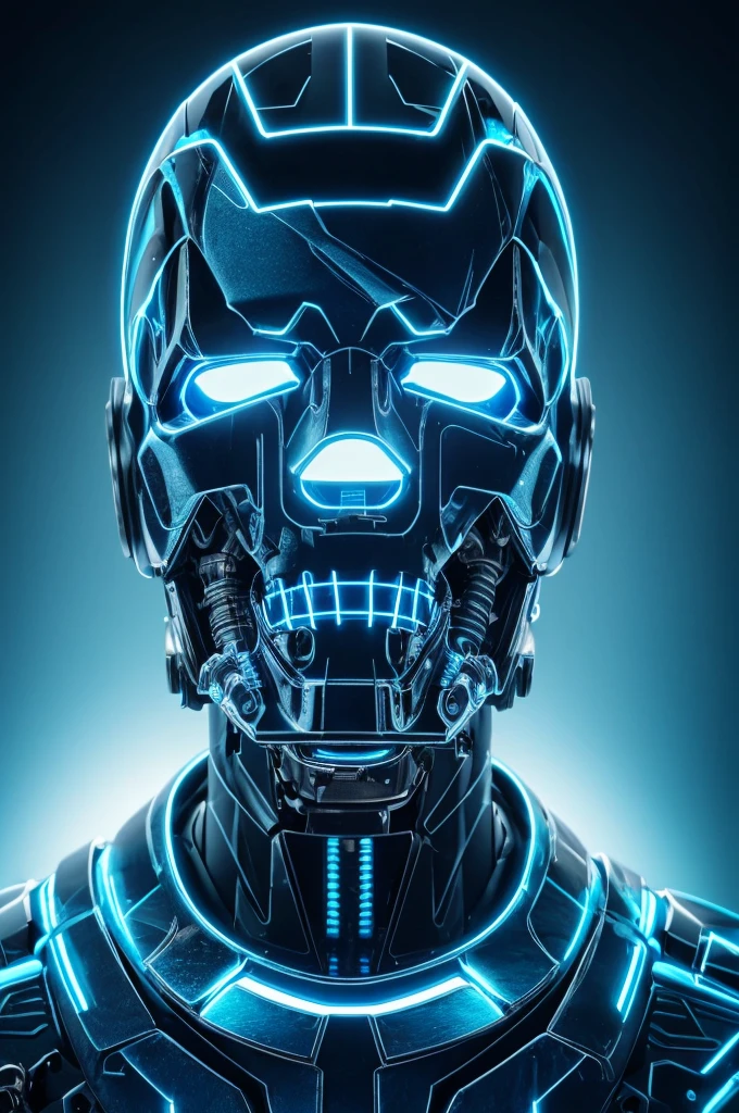 cranio with mechanical parts, cyborg, futuristic, highly detailed, 8k, photorealistic, sharp focus, studio lighting, dramatic lighting, glowing blue neon lights, sleek metallic textures, advanced technology, intricate machinery, industrial aesthetic, dark moody atmosphere, cinematic composition, masterpiece