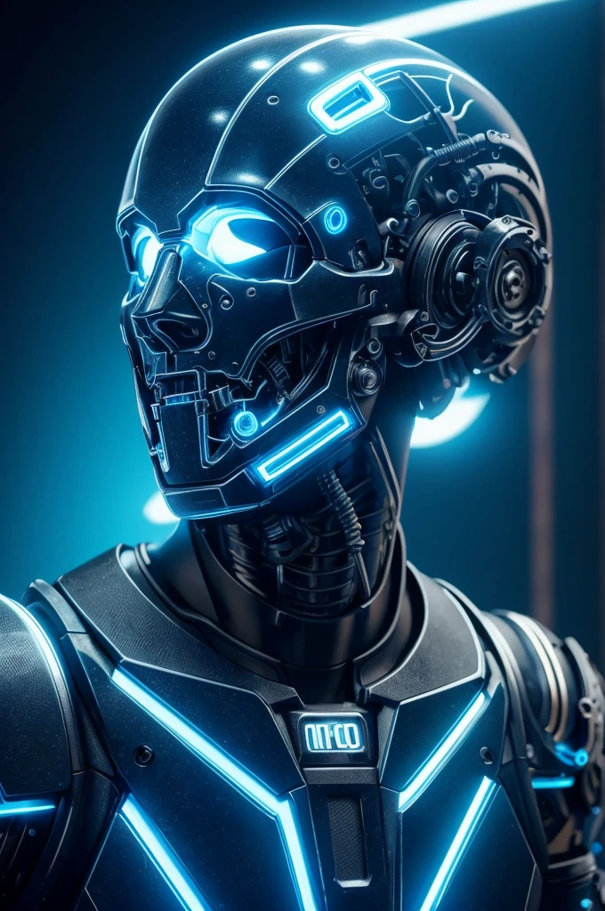 cranio with mechanical parts, cyborg, futuristic, highly detailed, 8k, photorealistic, sharp focus, studio lighting, dramatic lighting, glowing blue neon lights, sleek metallic textures, advanced technology, intricate machinery, industrial aesthetic, dark moody atmosphere, cinematic composition, masterpiece