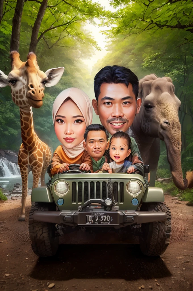 there is a picture of a family in a jeep with a giraffe, realistic cartoon, an indonesian family portrait, caricature illustration, in cartoon style, cartoon digital art, digital art cartoon, cartoon artstyle, cartoon art, cartoon digital painting, digital cartoon painting art, cartoon art style, cartoon painting, potrait, cartoon style illustration, caricature style, photorealistic!!!!!!! art style