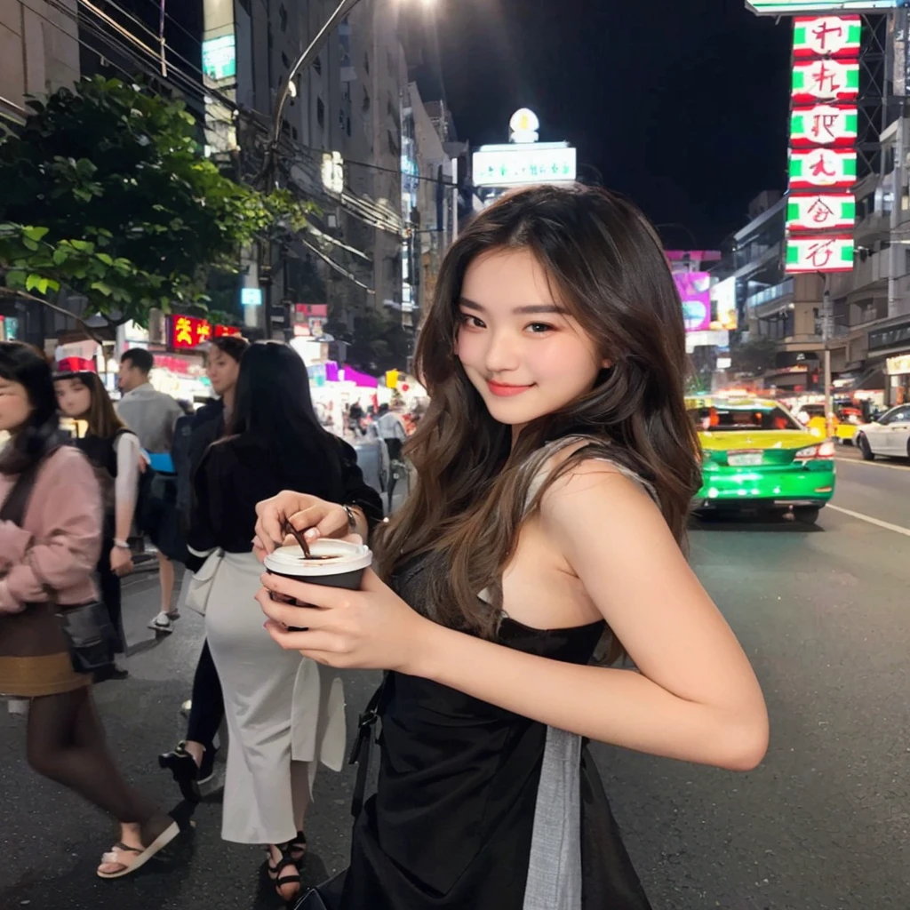 woman in black dress holding a cup of coffee on a city street, 18 yo,